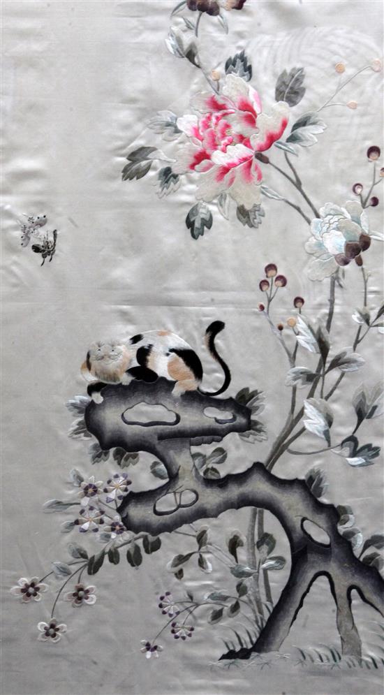 An unusual Chinese embroidered silk cat panel, late Qing dynasty, 91 x 44cm, framed and glazed